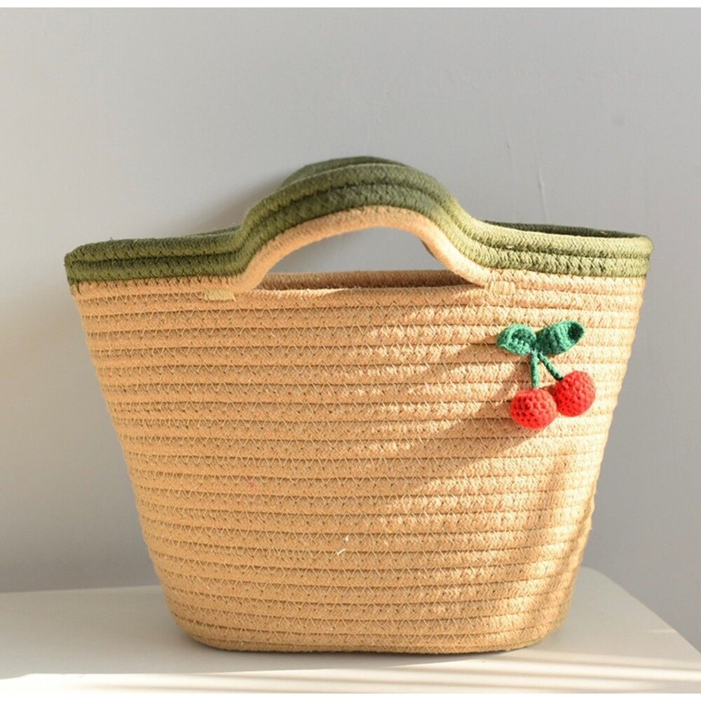 Woven Cotton Tote Bag Tan Green Cherry Crochet Handbag Women Mori Style NEW